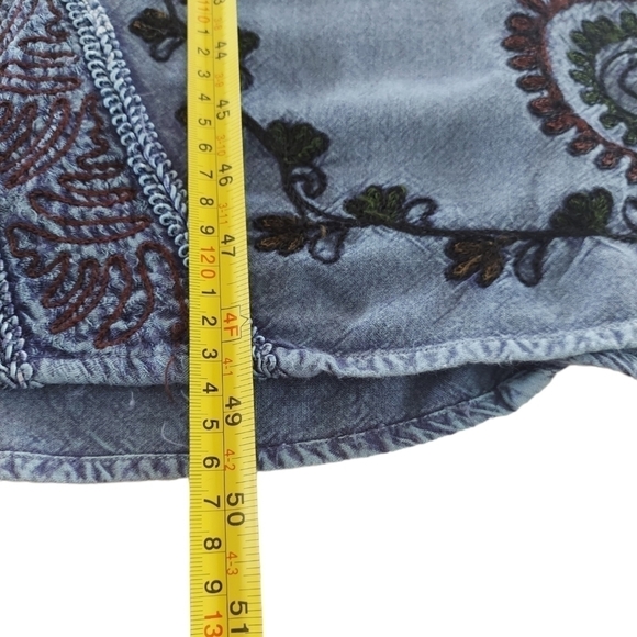 Chambray Denim Maxi Jumper Dress Womens Medium Embroidered Side Slits Tie Back - Picture 10 of 12